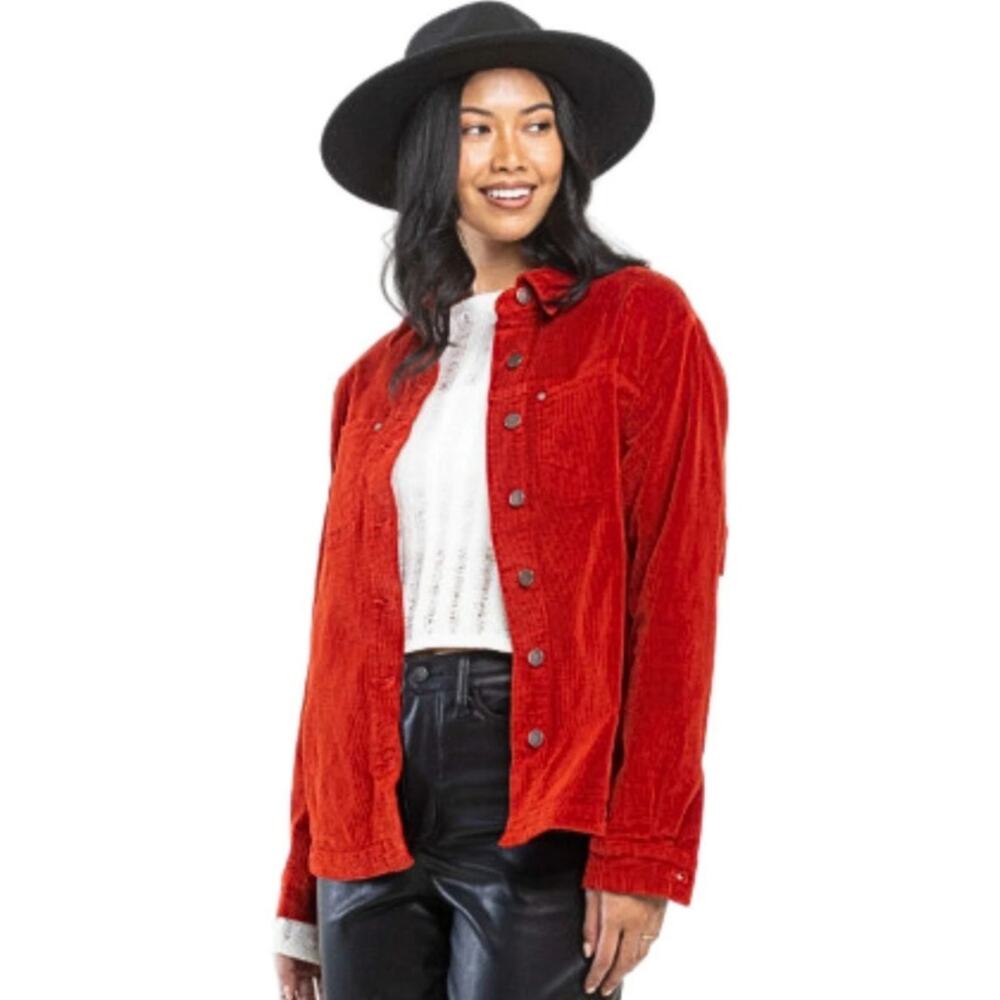 NWT Judy Blue Women's Corduroy Button Down Fringe Shacket in Rust Size 2XL‎